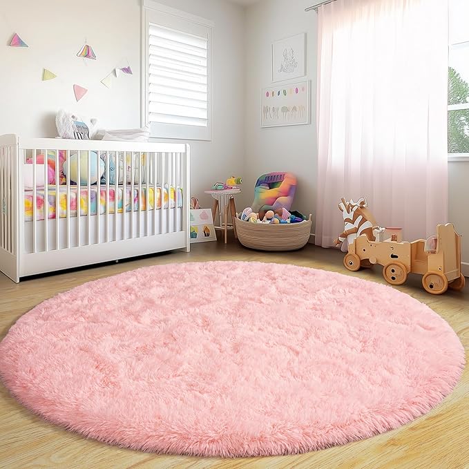 Xexsin Round Fluffy Rugs 8Ft for Girls Bedroom, Pink Shag Circle Kids Rug Non-Slip for Bedside Dorm Nursery Playroom, Soft Cute Area Rugs for Living Room Decor