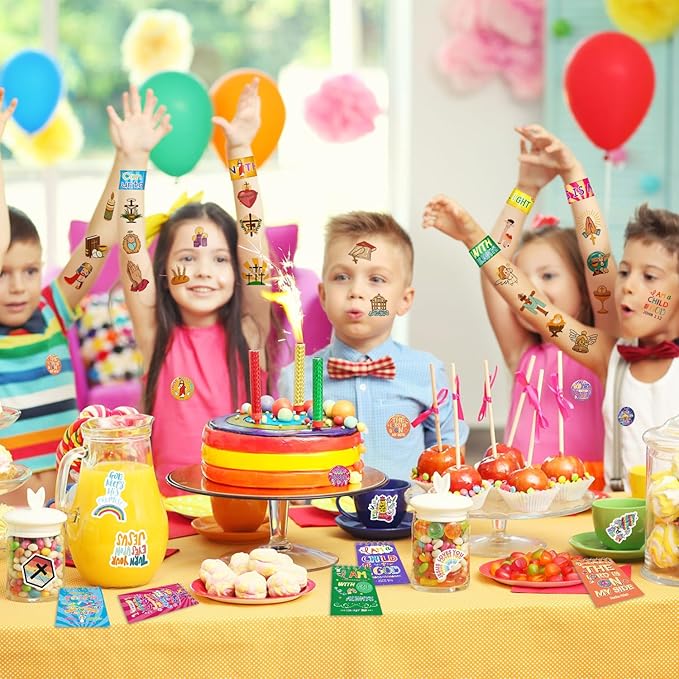 98PCS Christian Gifts Bible Religious Party Favors, Jesus Love You Religious Bracelets, Mini Religious Notebooks, Bible Stickers, Christian Button Pins and Verses Temporary Tattoos for Kids Adults