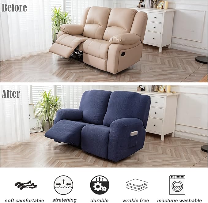 Genina Recliner Loveseat Cover Stretch Couch Covers Sofa slipcover for 2 Seat Reclining Couch Thick Jacquard Furniture Protector (Navy Blue)