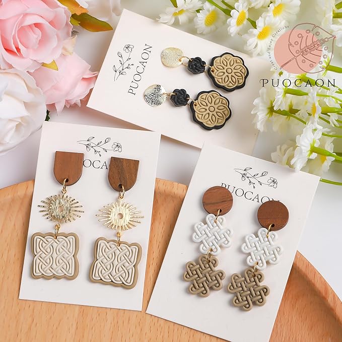 Puocaon Weave Knot Clay Cutters - 12 Pcs Clay Cutters for Polymer Clay Earrings Jewelry Making, Rattan Polymer Clay Cutters for Earrings, Boho Embossed Knot Clay Earring Cutters, Wicker Clay Cutters