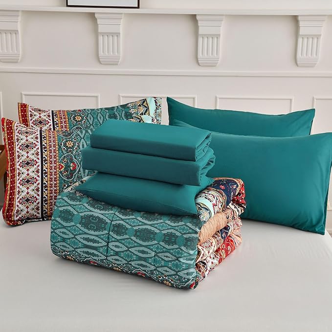 Cottolester Boho Full Size Comforter Set 8 Pieces,Green and Brown Bohemian Striped Bed in a Bag,Floral Soft Microfiber Bedding Comforter Set