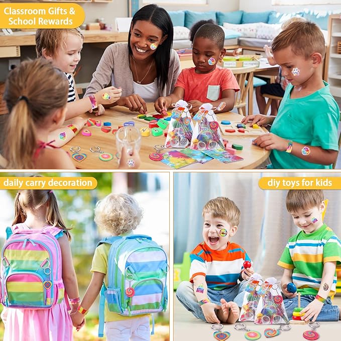 178 Pcs Tie Dye Party Favors Bulk Rainbow School Stationery Set with Slap Bracelets Mini Notebooks Stickers Pencils Heart Eraser Sharpener Keychains for Kids Students Class Reward Prize Supplies