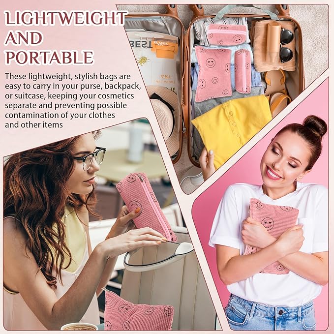 Huhumy 3 Pcs Makeup Bag Set for Women Corduroy Cosmetic Pouch Aesthetic Smile Travel Toiletry Bag Cute Purse Pouch Pencil Case Makeup Brushes Storage Organizer for Valentine(Pink,Smile Face)