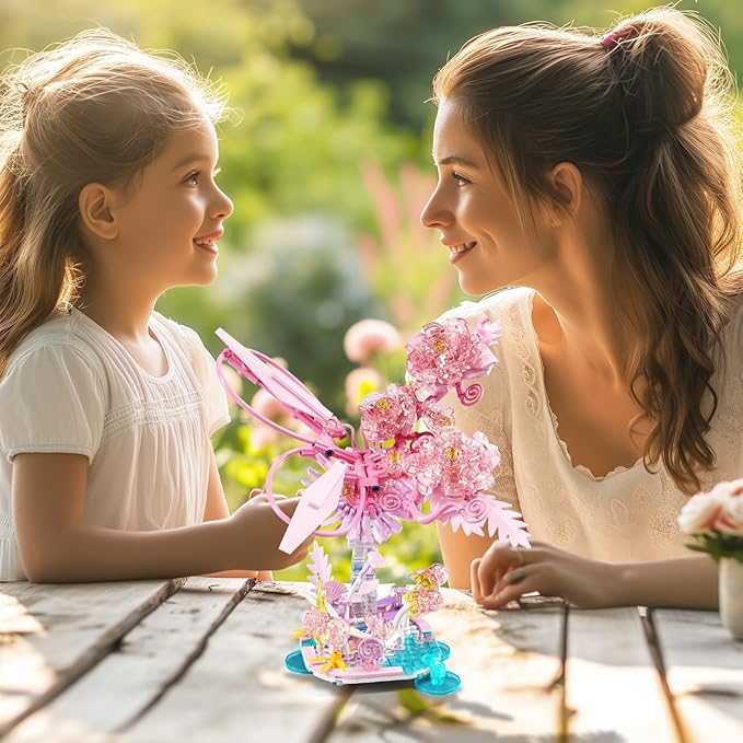 Crystals Flowers Botanical Collection for Adults - 490 Pcs Building Sets, Pink Transparent Crystal Flowers Toys, Plants Botanical Flores Gift Table Art for Adults for Kids Adults