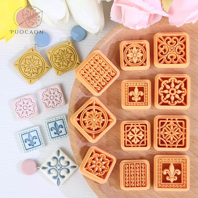 Puocaon Mexican Talavera Clay Cutters - 11 Pcs Clay Cutters for Polymer Clay Jewelry, Portuguese Tiles Polymer Clay Jewelry Cutters, Floral Tile Clay Cutters for Earrings, Peranakan Tile Clay Cutters