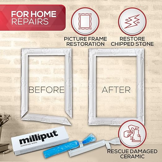 Milliput Plumbers Putty 10 Piece Set, Superfine White - with Sculpting Tools, Sanding Pad and Gloves - Ceramic Tile, Fiberglass Tub, Bath, Sink and Porcelain Repair Kit - 2 Part Epoxy Modeling Clay