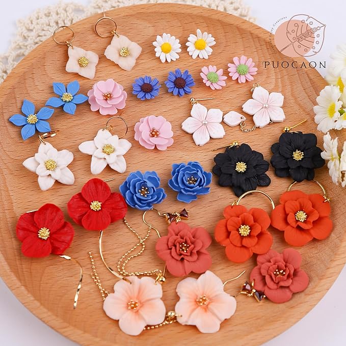 Puocaon Flower Polymer Clay Cutters - 3 Pcs Flower Clay Cutters for Polymer Clay Jewelry, 2 Pcs Plumeria Flower Texture Molds, 20 Flower Pistil Brass Charms, Clay Earring Cutters for Jewelry Making
