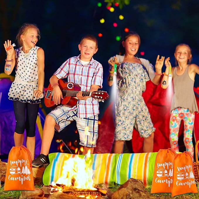 Camping Party Favors Camp Party Gifts Include Camping Themed Silicone Bracelet Mini Flashlight Keychain Assorted Camping Sticker and Gifts Drawstring Bags Camping Party Supplies for Kids (110 Pieces)