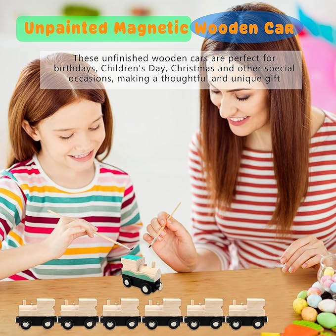 12 Pcs Wooden Trains Toys Unpainted Wood Train Cars Weak Magnetic Suction Paintable Wooden Railway for Kids Educational Toys Birthday Christmas Party Gifts (Style Set 1)