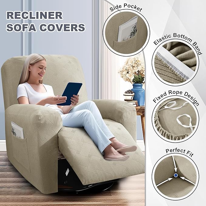 JIVINER Recliner Couch Cover, Jacquard 5 Piece Stretch Sofa Covers for 3 Cushion Reclining Lazy Boy Soft Washable Sofa Slipcovers Protector with Pockets (Recliner Sofa, Khaki)