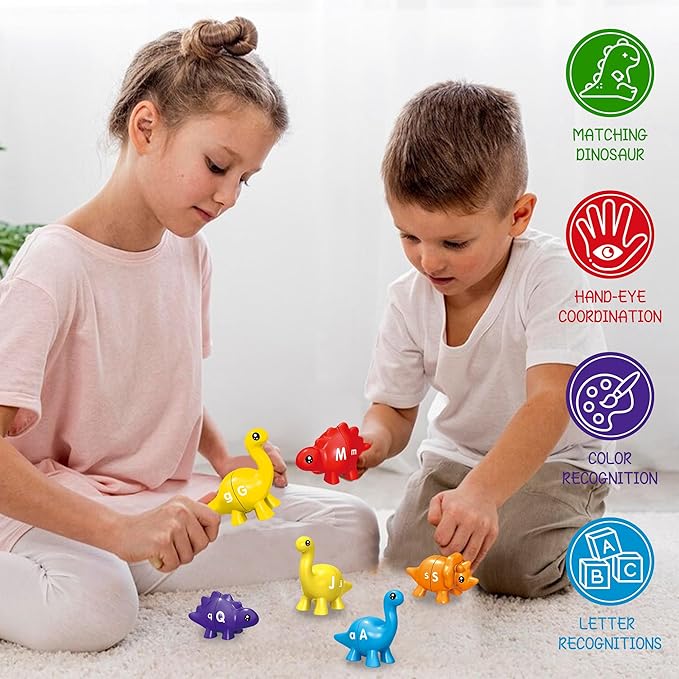 Christmas Party Games 26 Pcs Alphabet Learning Dinosaur Toys,Uppercase Paired Lowercase Matching Letters Color Sorting Fine Motor Toy, Montessori Toys for Kids for 2-5 Boys Girls