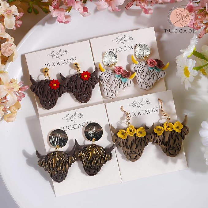 Puocaon Highland Cow Clay Cutters - 4 Pcs Clay Cutters for Polymer Clay Jewelry Making, Original Polymer Clay Jewelry Cutters, Animal Clay Earring Cutters, Scotland Cow Shape Clay Cutters Earrings