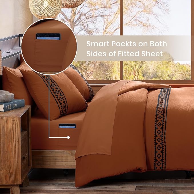 MaiRêve Burnt Orange Embroidery Comforter Sets Full Size - 7 Pieces, Farmhouse Western Boho Comforter Set, All Season Bed in A Bag Full Size with Sheets, Pillowcases & Shams