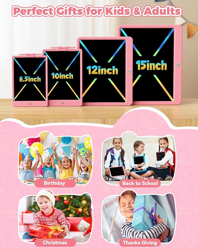 KOKODI 15 Inch LCD Writing Tablet with Anti-Lost Stylus, Erasable Doodle Board Colorful Toddler Drawing Pad, Car Travel School Games Toys for 3 4 5 6 7 8 Kids, Birthday Gift for Girls Boys Pink