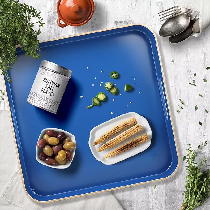 Omuriko Royal Blue Square Decorative Tray with Handles, 13"*13" Versatile Serving Tray for Coffee Table, Ottoman, Ideal for Serving, Displaying, Organizing