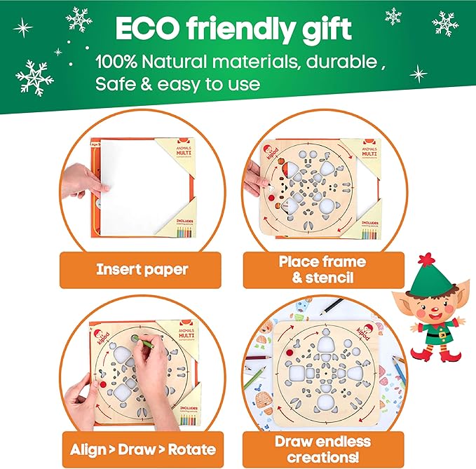 ArtTwist Drawing Stencils Kit for Kids – Rotating Wooden Spin Art with 6 Colored Pencils and 5 White Papers – Montessori Arts and Crafts Gift - Set for Boys and Girls Ages 5-12