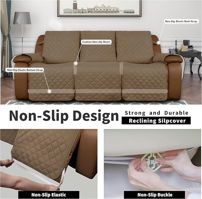 Easy-Going Recliner Sofa Cover, Reversible Couch Cover for 3 Seat Recliner, Split Sofa Cover for Each Seat, Furniture Protector with Elastic Straps for Kids, Dogs, Pets(3 Seater, Camel/Ivory)