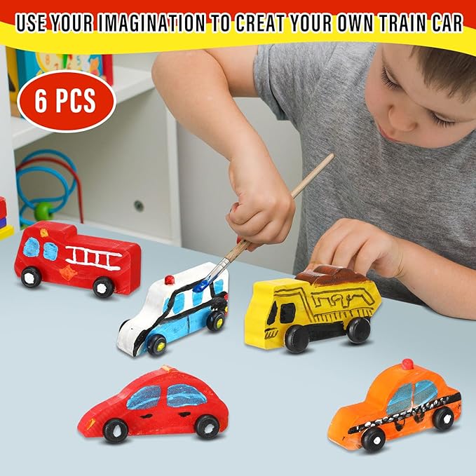 Lenwen 6 Pcs Large Unfinished Wooden Car to Paint 4'' Wood DIY Car Toys and 12 Color Acrylic Paint Set for Student Easy Woodworking Set Family Activities Arts and Crafts Kit