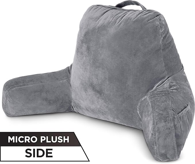 Husband Pillow Aspen Iron Grey, Reading Pillow Bed Rest Chair, Two-Sided Reversible Fabric, Large Lounge Cushion Adult Backrest with Arms, Comfy Back Support for Sit Sitting Up, Wash/Removable Cover