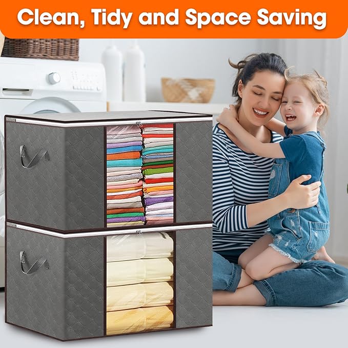 10 Pack Clothes Storage Bags 90L Foldable Storage Bins with Lids Blanket Storage Bags with Zippers Clear Window and Reinforced Handles Containers for Organizing Bedroom Closet Clothing Comforter