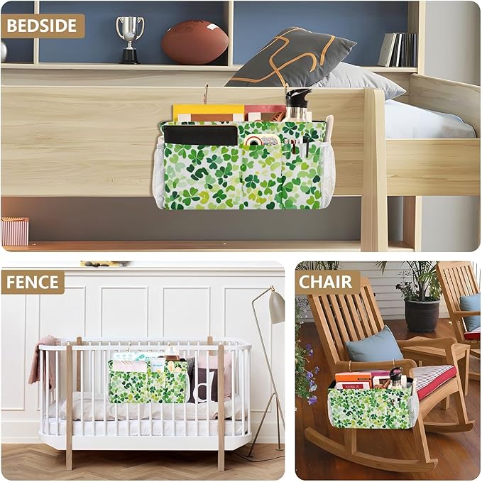 Bright Green Clover St. Patrick Bedside Caddy for Dorm Bed Bedside Hanging Caddy Bag Iron Frame Storage Organizer Pocket for Bunk Home College Hospital Beds 2 Hooks