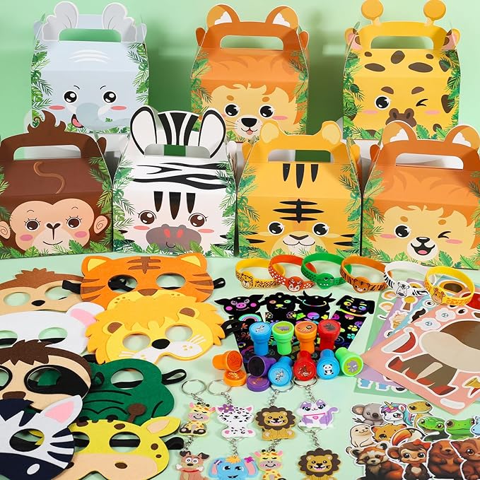 134 Jungle Safari Party Favors Animal Birthday Supplies Zoo Mask Silicone Bracelet Stamp Gift Box Bookmark DIY Sticker Keychain Kid Boy Girl Toy Gift Goodie Bag Stuffer Wild One Party Favors
