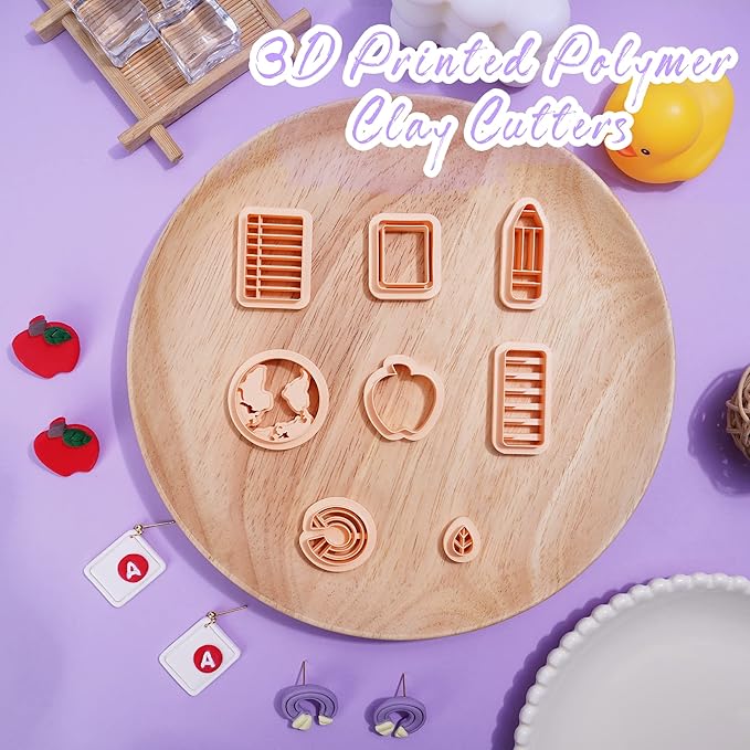 Puocaon Polymer Clay Cutters - Back to School Clay Cutters, Apple Crayon Polymer Clay Cutters for Jewelry Making, Chalkboard Notebook Detailed Embossed Clay Cutters for Earrings Studs Pendant 8 Pcs