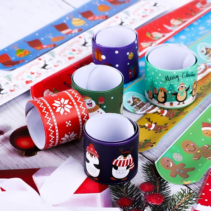Elcoho 72 Pieces Christmas Snap Bracelets Xmas Party Favors Slap Bracelets Assorted Christmas Pattern Slap Wristband for Christmas Party Favors