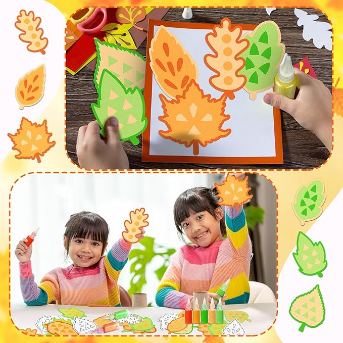 24 Pcs Fall Sand Art Craft Kits for Kids Autumn Maple Leaves DIY Craft with Colored Sand Brushes Make Your Own Sand Art for Fall Thanksgiving Home Party Activities Fun