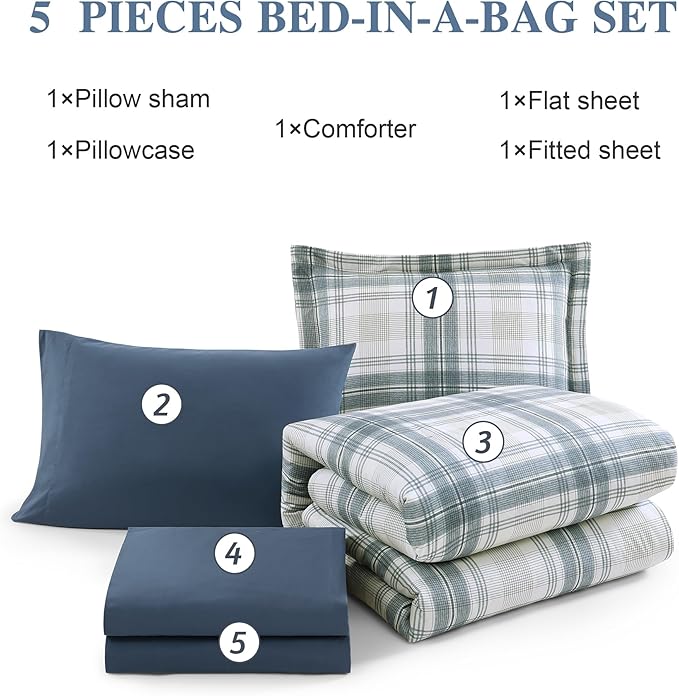 MaiRêve Plaid Twin XL Comforter Set, Blue Grey Grid Bedding Set for Boys & Girls, Classic Checkered Bed in A Bag Comforter Sets with Fitted & Flat Sheet, Pillowcase & Sham(Blue Grey, 66"x90")