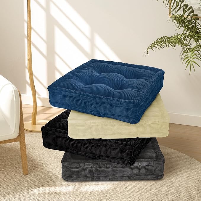 Wellsin Square Floor Pillows for Adults Kids - Meditation Floor Pillow Seating Cushion - Tufted Floor Cushion with Shredded Foam & Velvet Cover, 2 Pack, 20x20 Inch, Gray