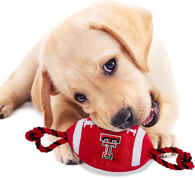 Pets First Texas TECH Football Dog Toy, Tough Quality Nylon Materials, Strong Pull Ropes, Inner Squeaker, Collegiate Team Color