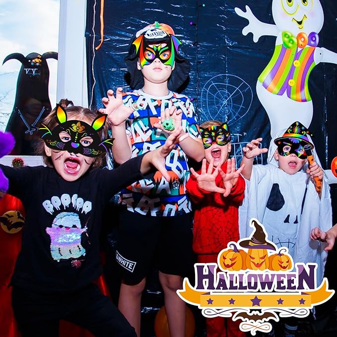 AUGSUN Halloween Crafts, Rainbow Scratch Mask for Halloween Party Favors Supplies Magic Scratch Paper Art Mask for Kids