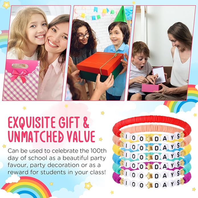 36 Pcs Happy 100th Day of School Bracelets Colorful Friendship Beads Bracelet for Boy Girl Kids Cute 100th Day Gifts Stretchy Acrylic Clay for School Supply Decor Student Rewards