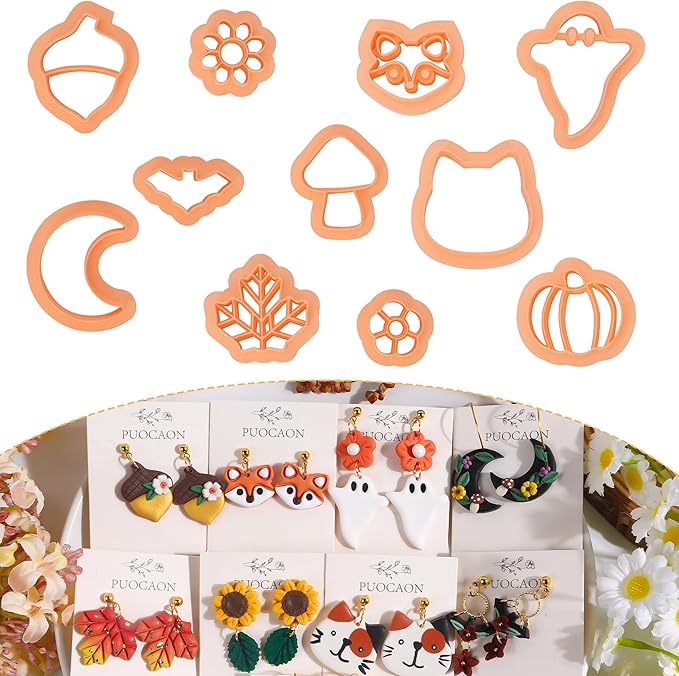 Puocaon Polymer Clay Cutters - 11 Pcs Maple Leaves Clay Cutters for Jewelry Making, Cat Fox Shape Clay Earring Cutters, Polymer Clay Earrings Making, Acorn Pumpkin Autumn Fruit Clay Earrings Studs