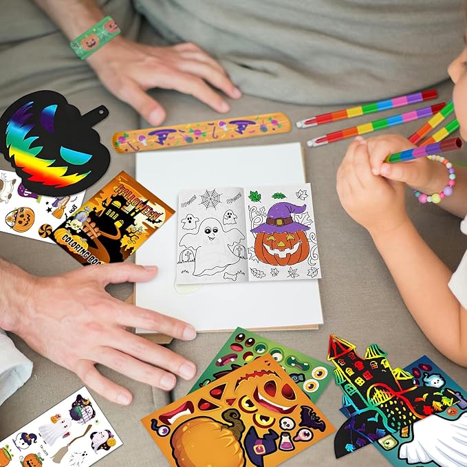 Halloween Party Favors, Halloween Coloring Books with Crayons School Exchanging Gifts Tattoo DIY Sticker Stampers Paper Crafts Slap Bracelets Sticky Hands Halloween Class Treat Prizes 96 PCS
