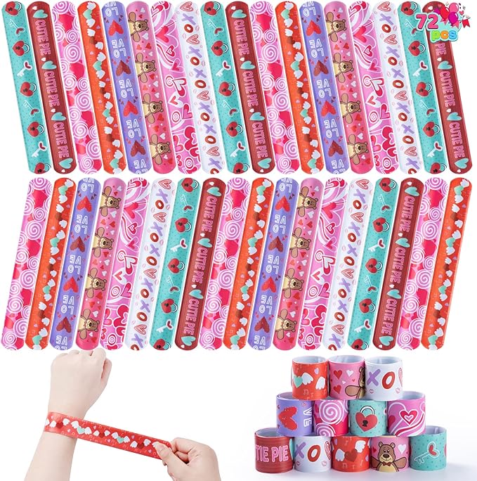 JOYIN 48 Pcs Valentines Day Slap Bracelets with Colorful Hearts and Animal for Party Favors, Kids School Supplies, Birthday presents, and Game Prizes
