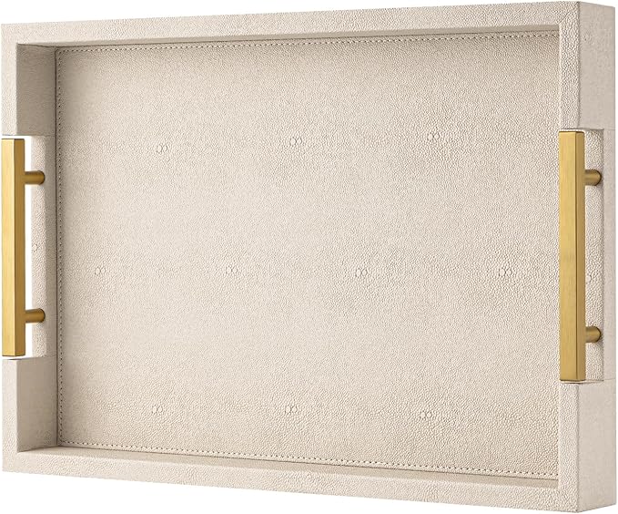 Beige Faux Leather Serving Tray with Handles – Large Decorative Tray for Coffee Table, Ottoman, Living Room, Bathroom – Home Decor