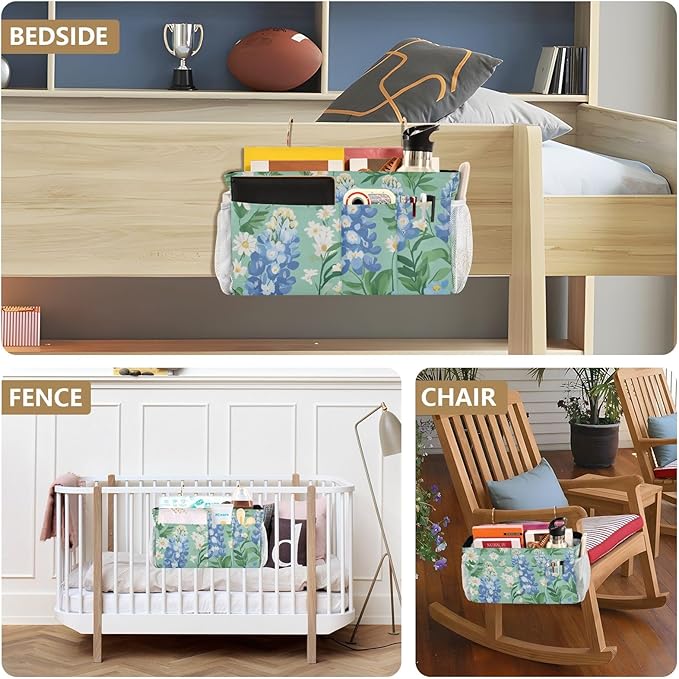 Mint Green Bluebonnet and Daisies Bedside Caddy for Dorm Bed Bedside Hanging Caddy Bag Iron Frame Storage Organizer Pocket for Bunk Home College Hospital Beds 2 Hooks