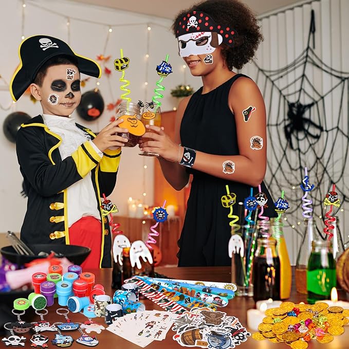 180 Pirate Party Favors Birthday Supplies Straw Gold Coin Gems Sticker Stamp Keychain Slap Bracelet Toy Gift Boy Girl Kid Goodie Bag Stuffer Carnival Prize Decorations Pirate Party Supplies