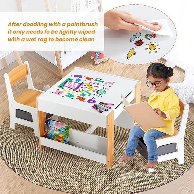 Asweets Kids Table and Chair Set,4 in 1 Toddler Desk with Storage Drawer,Wooden Activity Table for 2 in 1 Detachable Tabletop,Bookshelve,Suitable for Classroom,Home, Nursery, Playroom (Pure White)