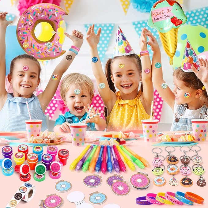 61 Donut Party Favors Two Sweet Birthday Party Supplies Mini Notebook Ink Pen Stamp Silicone Bracelet Keychain Sticker Toy Gift Goodie Bag Stuffer Kid Girl Candyland Party Favors