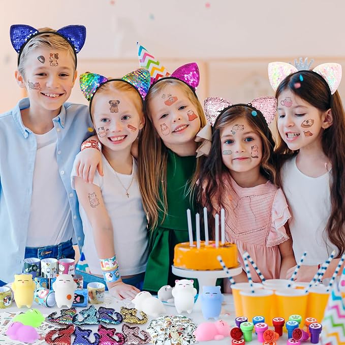 Cat Party Favors Birthday Supplies for Girls Sequin Headband Squishy Toy Keychain Tattoo Sticker Stamper Slap Bracelet Cat Sticker Goodie Bag Stuffer Kids Cat Birthday Party Supplies Decorations
