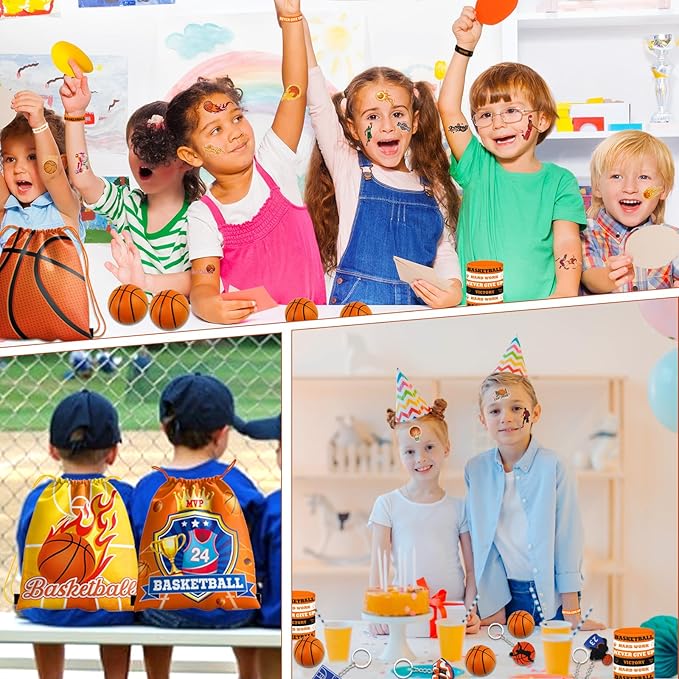 60PCS Basketball Party Favors, Basketball Goodie Bags for Boys Includes 12PCS Basketball Drawstring Bags Bracelet Keychain Tattoo Stickers Mini Basketball for Basketball Birthday Party Supplies