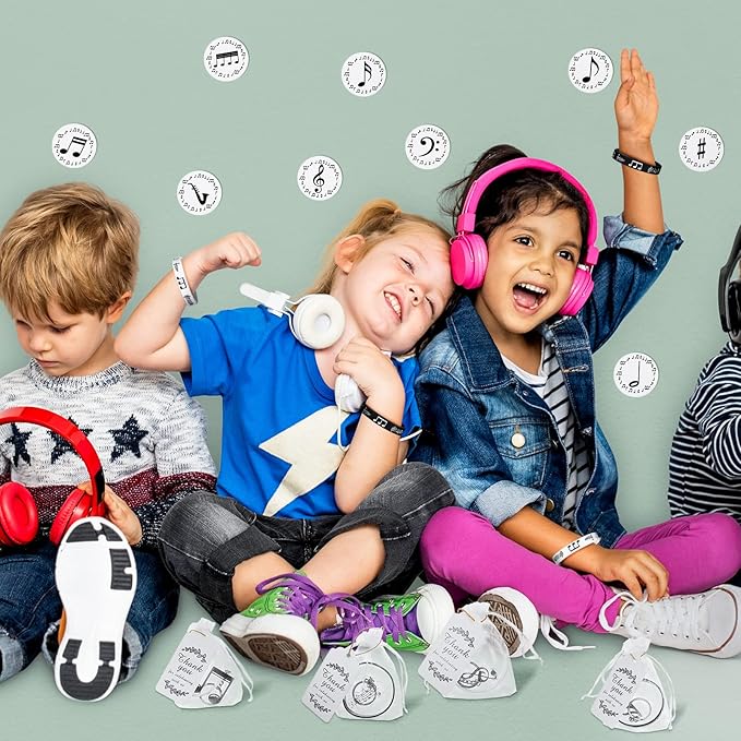 187 Pieces Music Party Favors with Music Notes Silicone Bracelets, Metal Musical Note Keychains, Round Label Stickers, Thank You Tags and Sheer Organza Bags for Music Theme Party Supplies Decorations