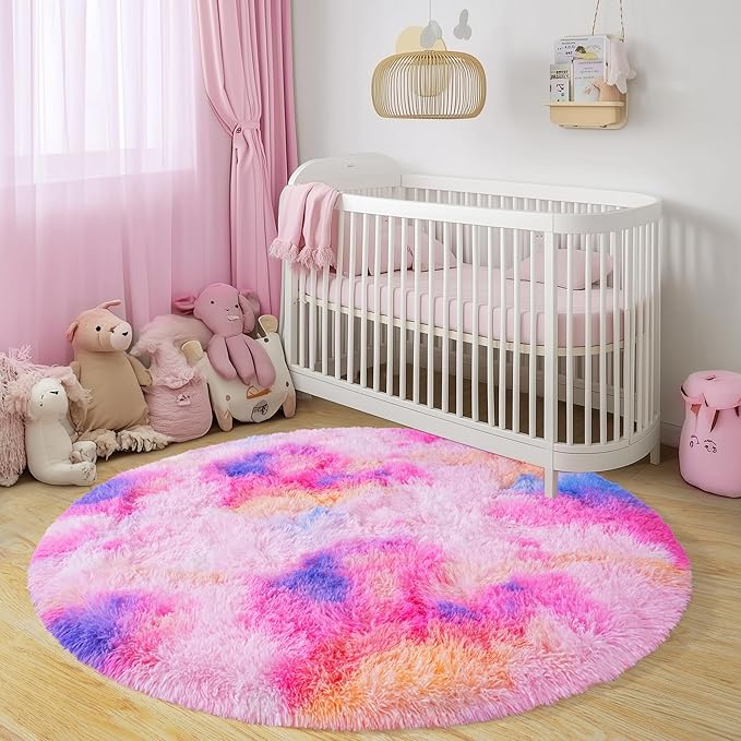 Xexsin Round Fluffy Rugs 8Ft for Girls Bedroom, Dark Rainbow Shag Circle Kids Rug Non-Slip for Bedside Dorm Nursery Playroom, Soft Cute Area Rugs for Living Room Decor