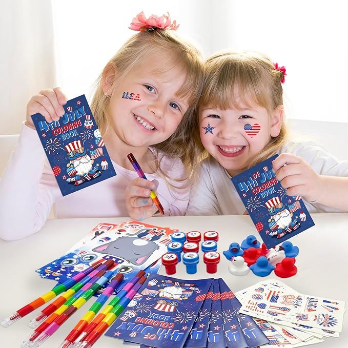 72 Pcs Patriotic Party Favors Set, 4th of July Coloring Books Red White Blue Party School Exchange Gifts Tattoo DIY Sticker Stampers Class Reward Prizes for Independence Memorial Day Party Supplies