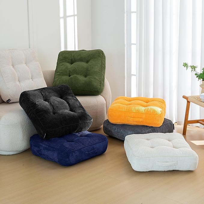 6" Washable Floor Pillow Cushion for Adults, Meditation Cushion Pillow, Large Square Floor Sitting, Removable Tufted Corduroy Cover, for Tatami Living Room or Yoga, 22x22 Inch, 2Pack, Machine Washable