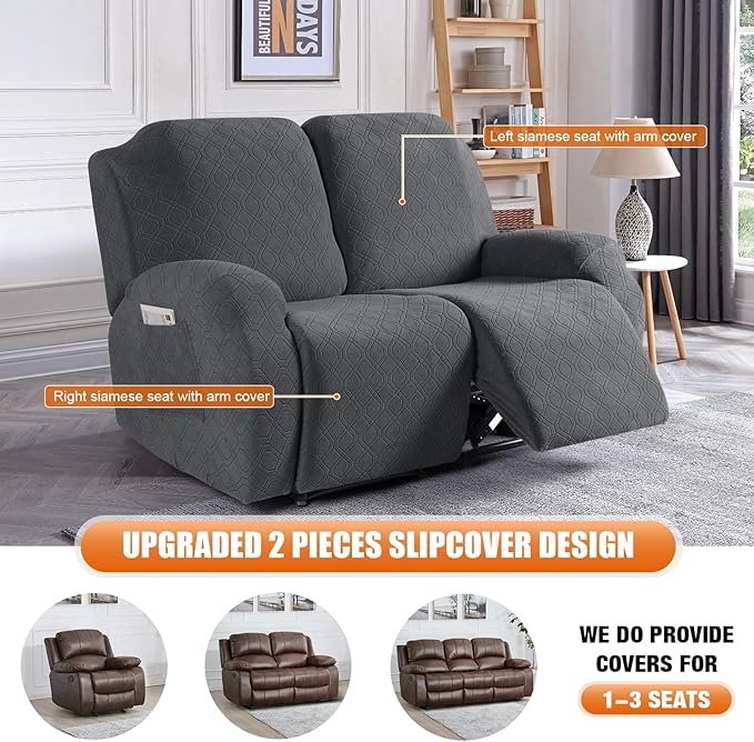 VANSOFY Recliner Cover, 2-Pieces Stretch Reclining Couch Cover with Pockets Loveseat Sofa Slipcovers Soft Washable Furniture Protector for Dogs Cats(Charcoal Gray)