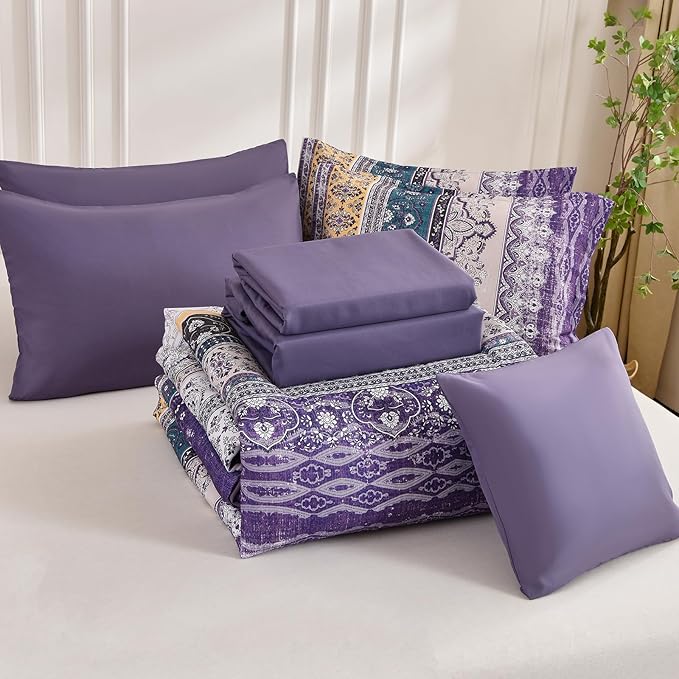 Cottolester Boho Queen Comforter Set 8 Pieces, Violet Bohemian Striped Bed in a Bag, Paisley Soft Microfiber Bedding Comforter Set